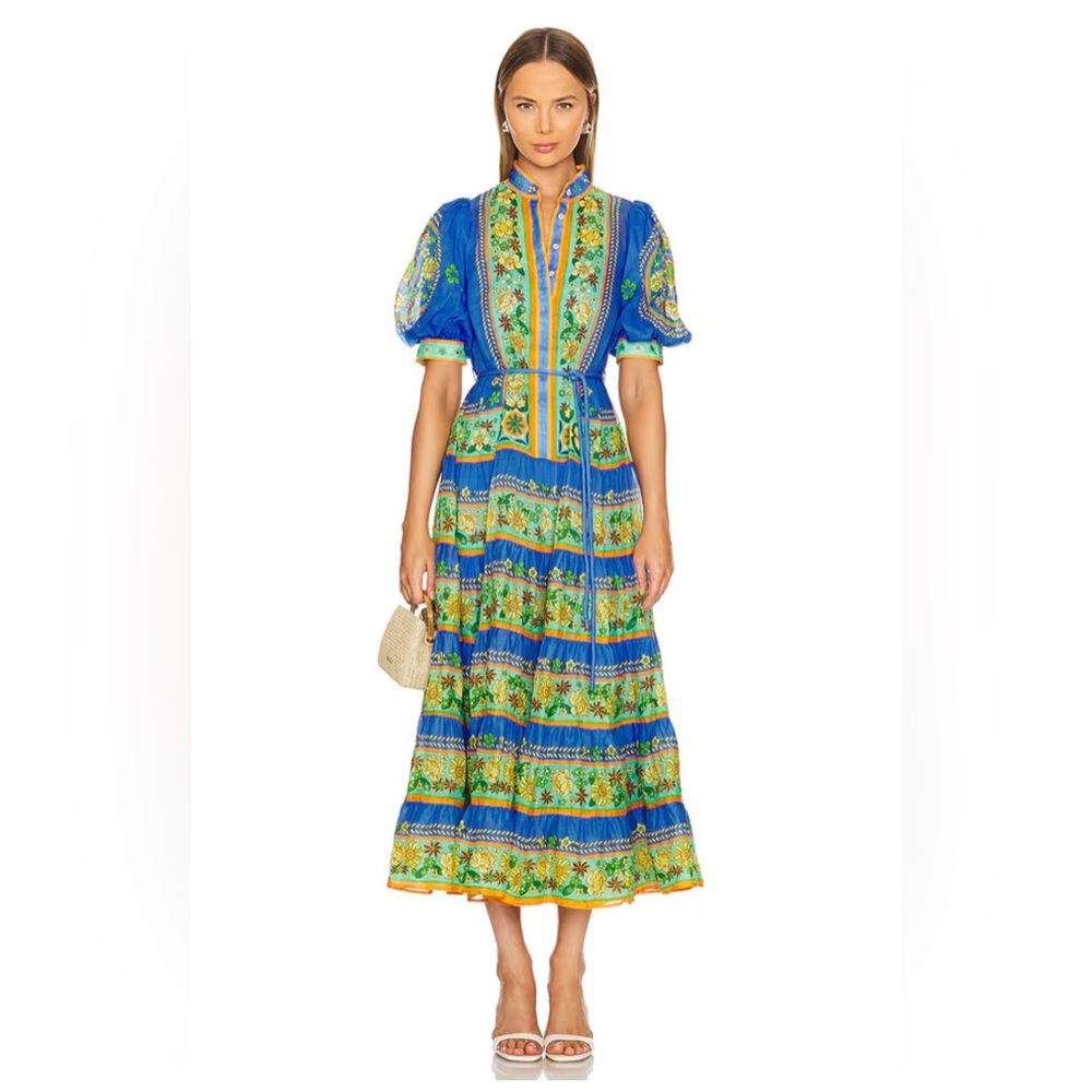Alemais Blue, Green and Yellow Floral Tiered Midi Dress